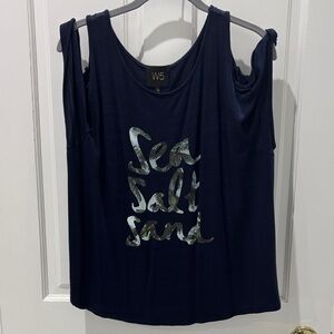 W5 Navy Cold-Shoulder Tank with Metallic 'Sea Salt Sand' Script